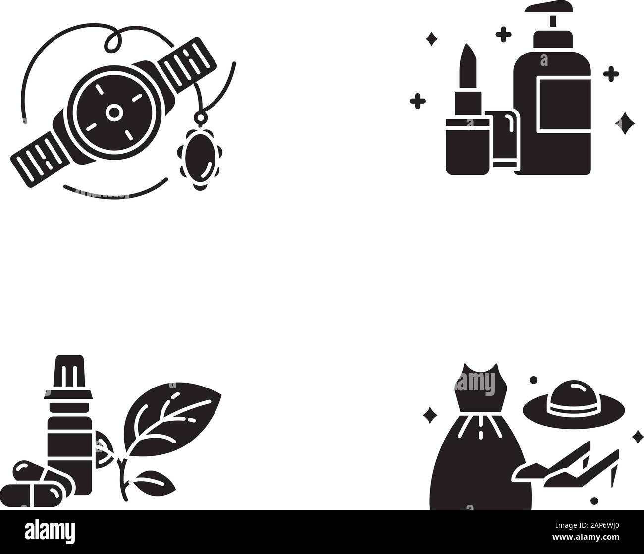 E commerce reparti glifo set di icone. Shopping online categorie. La bellezza e la cura personale. Moda. Gioielli e orologi. Prodotti per la salute. Silhouett Illustrazione Vettoriale