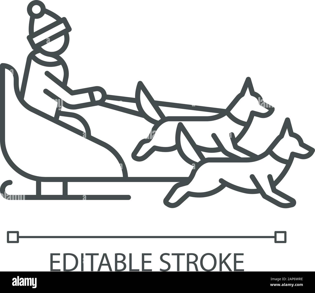 Lo sleddog icona lineare. Inverno sport estremo, attività rischiose e avventura. In slitta a cavallo. Persona dogsledding. Linea sottile illustrazione. Isolat di vettore Illustrazione Vettoriale