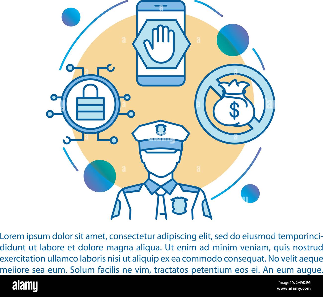 Prevenzione di truffa articolo pagina template vettoriale. La frode e la criminalità protezione brochure, opuscoli con elemento di design con icone lineare. Fermare le azioni illegali. Illustrazione Vettoriale
