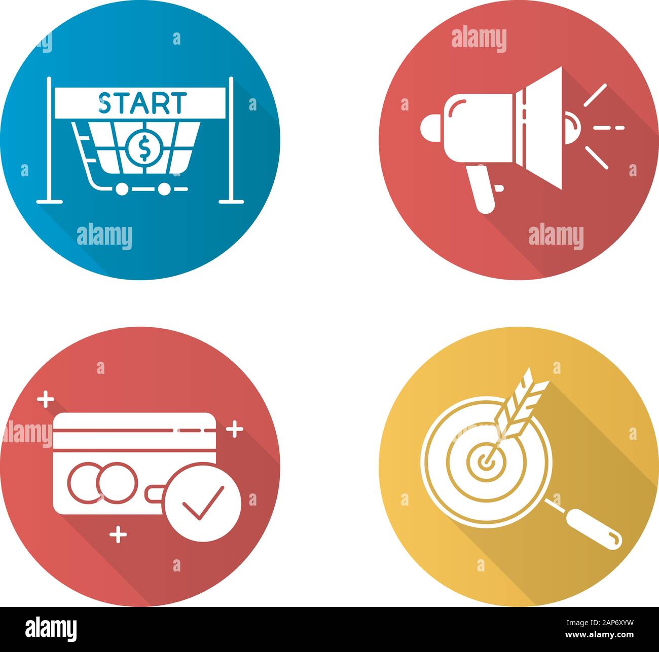 E commerce venditore design piatto lungo ombra glifo set di icone. Campagna di marketing plan. Avvia la vendita, strumenti promozionali, accettare pagamenti, scegliere nicchia. V Illustrazione Vettoriale