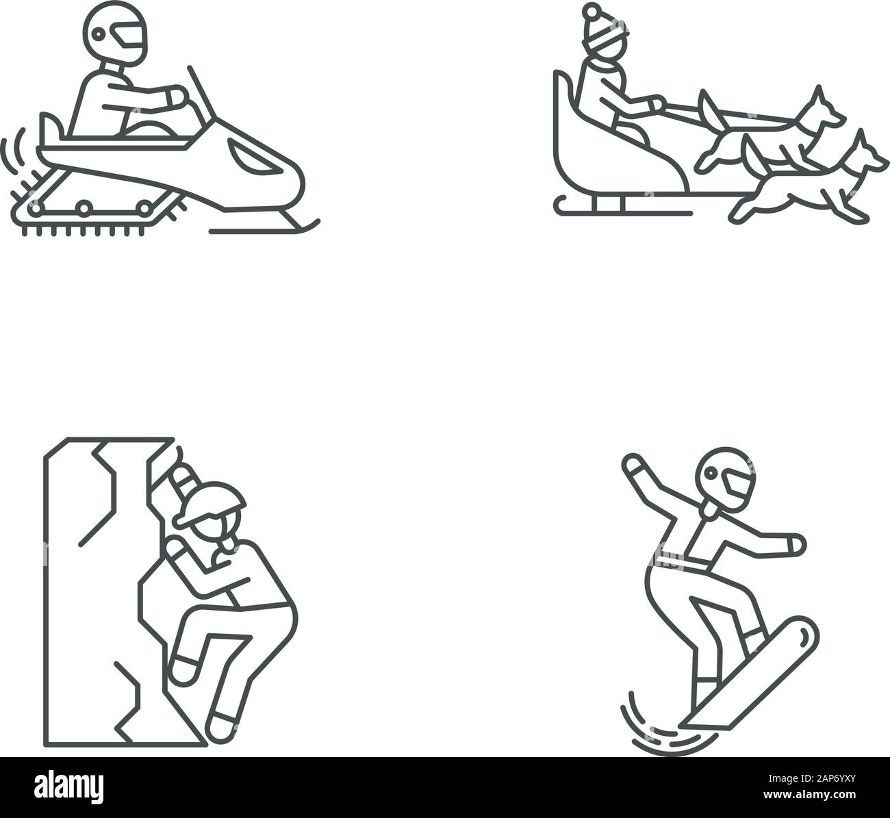 Estrema attività invernali lineare set di icone. Sport rischioso, avventura. Snowboard, arrampicate su ghiaccio, motoslitte e slitte trainate dai cani. Linea sottile simboli. Isolat Illustrazione Vettoriale