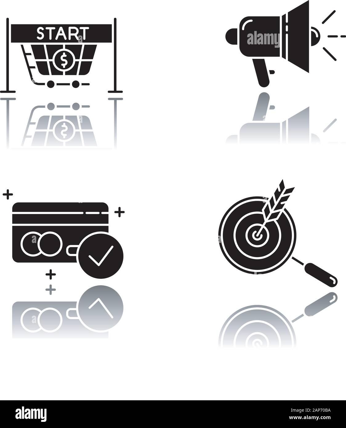 E commerce venditore drop shadow black glifo set di icone. La promozione del prodotto, il cliente attrazione. Avvia la vendita, strumenti promozionali, accettare pagamenti, scegliere Illustrazione Vettoriale