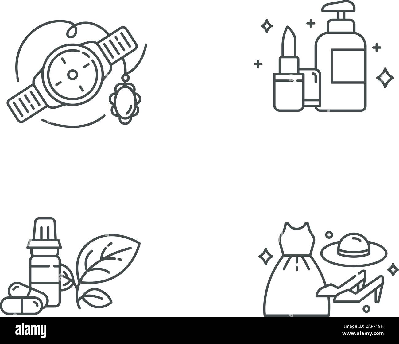 E commerce servizi lineari di set di icone. Shopping online categorie. La bellezza e la cura personale. Gioielli e orologi. Linea sottile simboli di contorno. Isolare Illustrazione Vettoriale