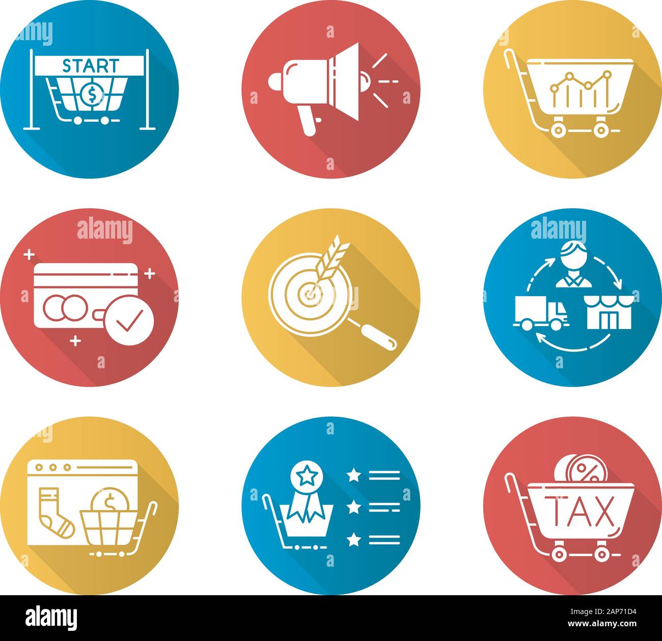 E commerce venditore design piatto lungo ombra glifo set di icone. Shopping online. Internet trading. Ricerca di marketing. Internet negozio. La promozione del prodotto un Illustrazione Vettoriale