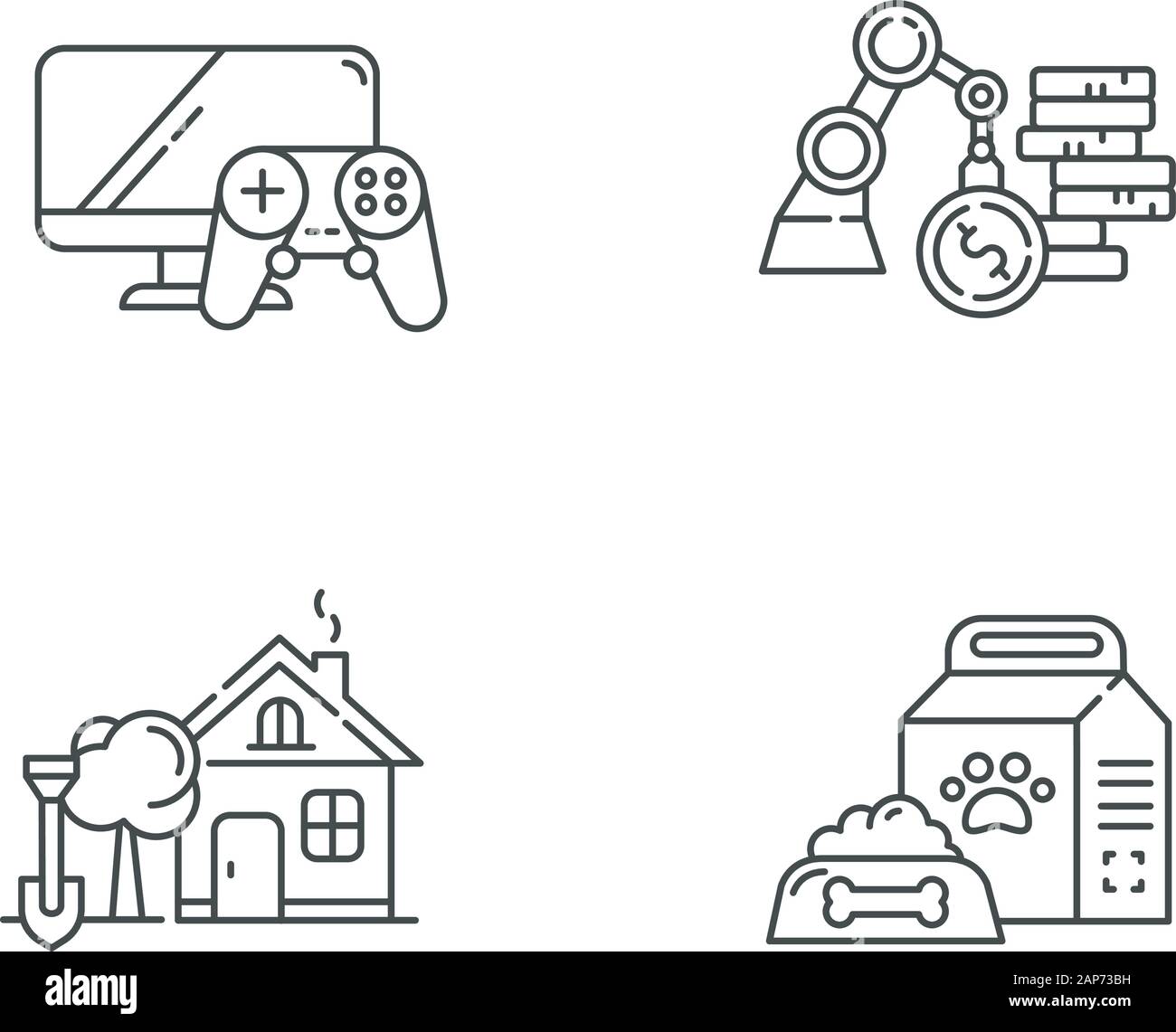 E commerce servizi lineari di set di icone. Shopping online categorie. Commerciale e Industriale. Video giochi. Linea sottile simboli di contorno. Vettore isolato Illustrazione Vettoriale