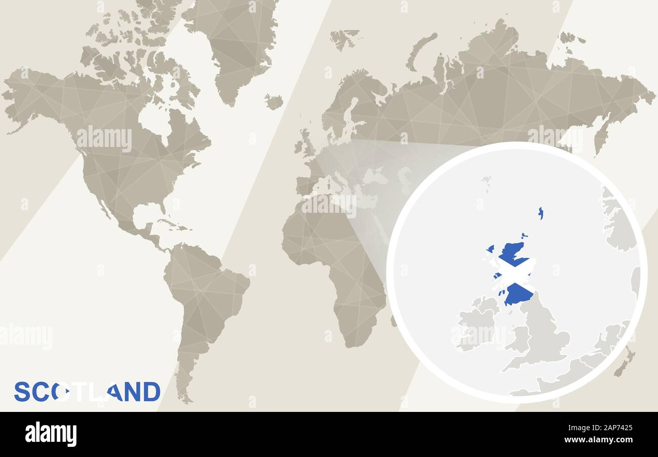 Zoom sulla mappa di Scozia e bandiera. Mappa del mondo. Illustrazione Vettoriale
