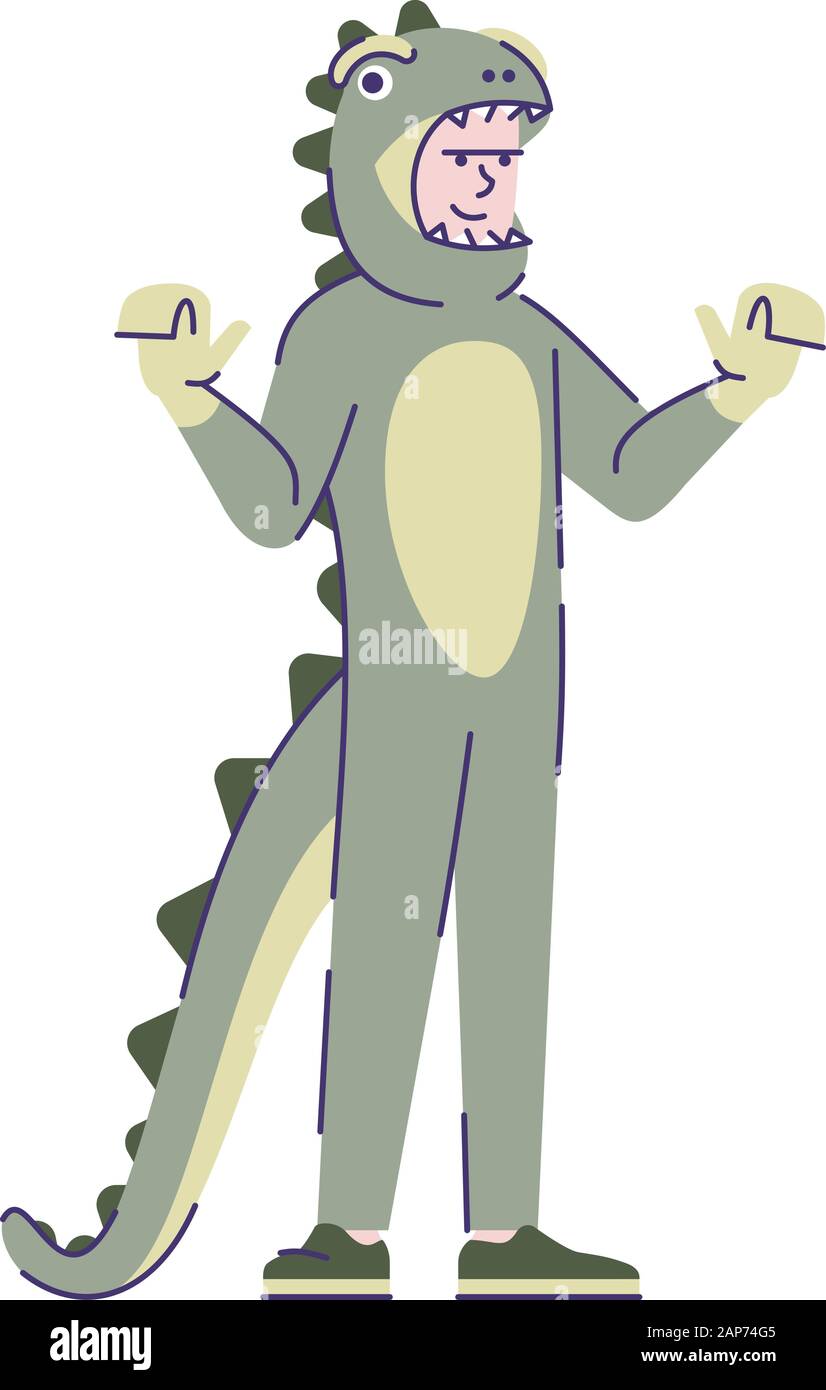 Uomo vestito in costume di dinosauri piatta illustrazione vettoriale.  Personaggio dei fumetti di delineare gli elementi isolati su sfondo bianco.  Dino vestito carnevale Immagine e Vettoriale - Alamy
