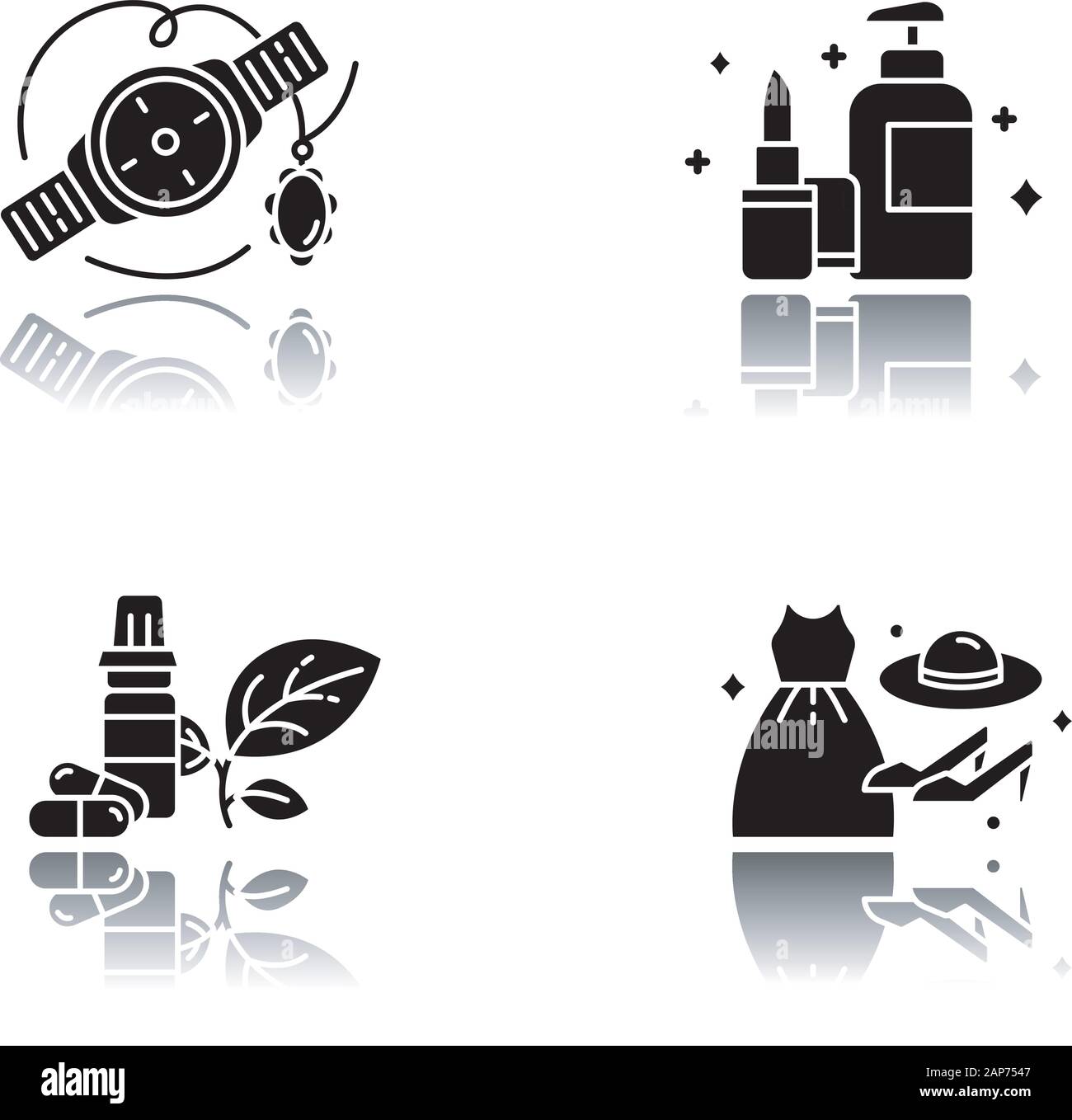 E commerce servizi drop shadow black glifo set di icone. Shopping online categorie. La bellezza e la cura personale. Moda. Gioielli e orologi. Salute p Illustrazione Vettoriale