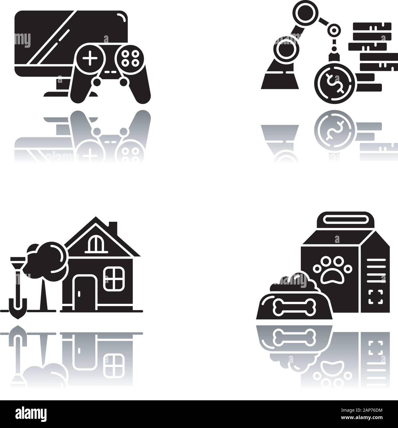 E commerce servizi drop shadow black glifo set di icone. Shopping online categorie. Materiali di consumo di PET. Casa, giardino. Commerciale e Industriale. Video giochi Illustrazione Vettoriale