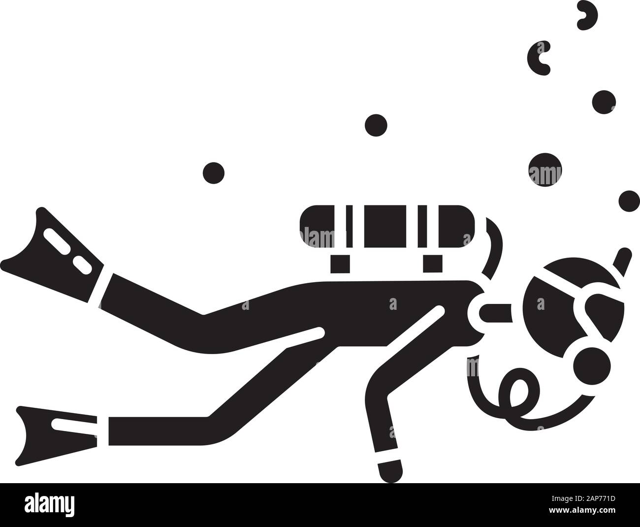 Scuba diving icona glyph.Sport acquatici, extreme underwater tipo di sport. Attività ricreative Attività all'aperto e hobby. Lo snorkeling. Simbolo di Silhouette. Negativo Illustrazione Vettoriale