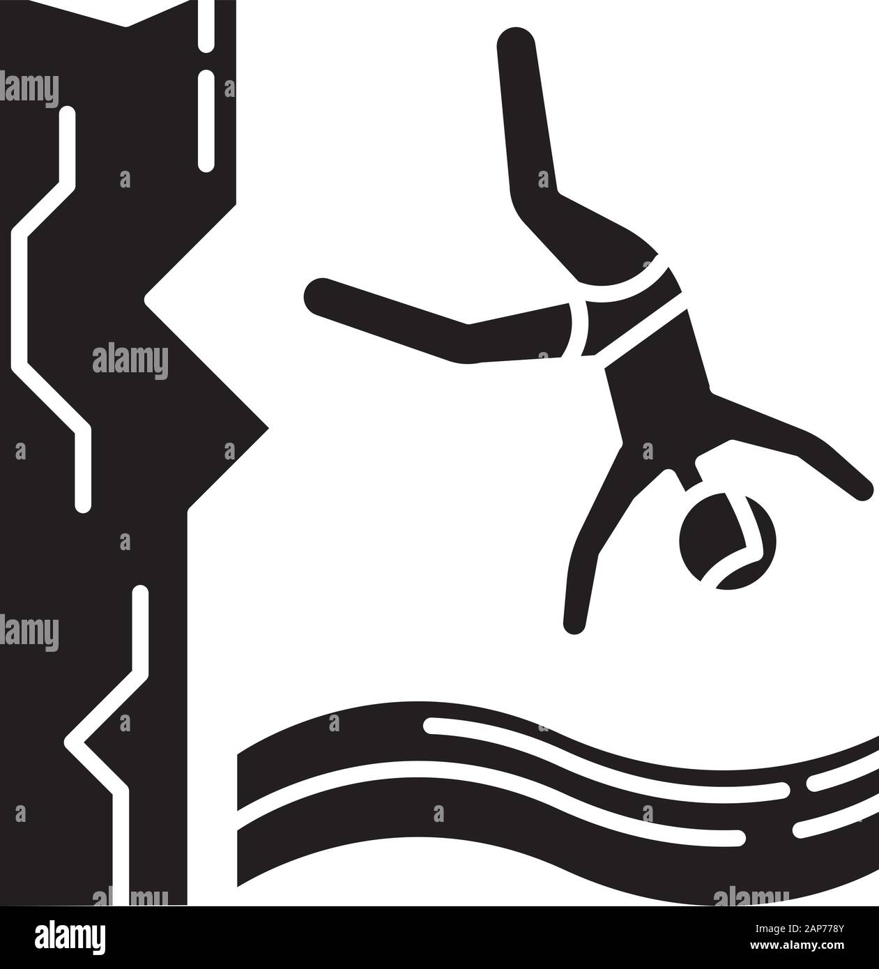 Cliff diving icona glyph. Sport acquatici, extreme e pericoloso tipo di sport. Attività ricreative Attività all'aperto sulla grande altezza. Simbolo di Silhouette. Sp negativo Illustrazione Vettoriale