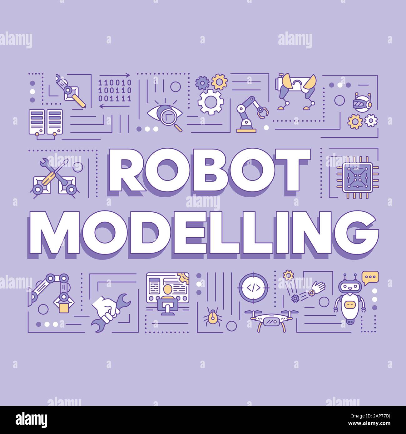 La modellazione di Robot concetti di parola banner. Intelligenza artificiale e cibernetica. Robotizzazione. Presentazione sito web. Isolato caratteri tipografici idea Illustrazione Vettoriale