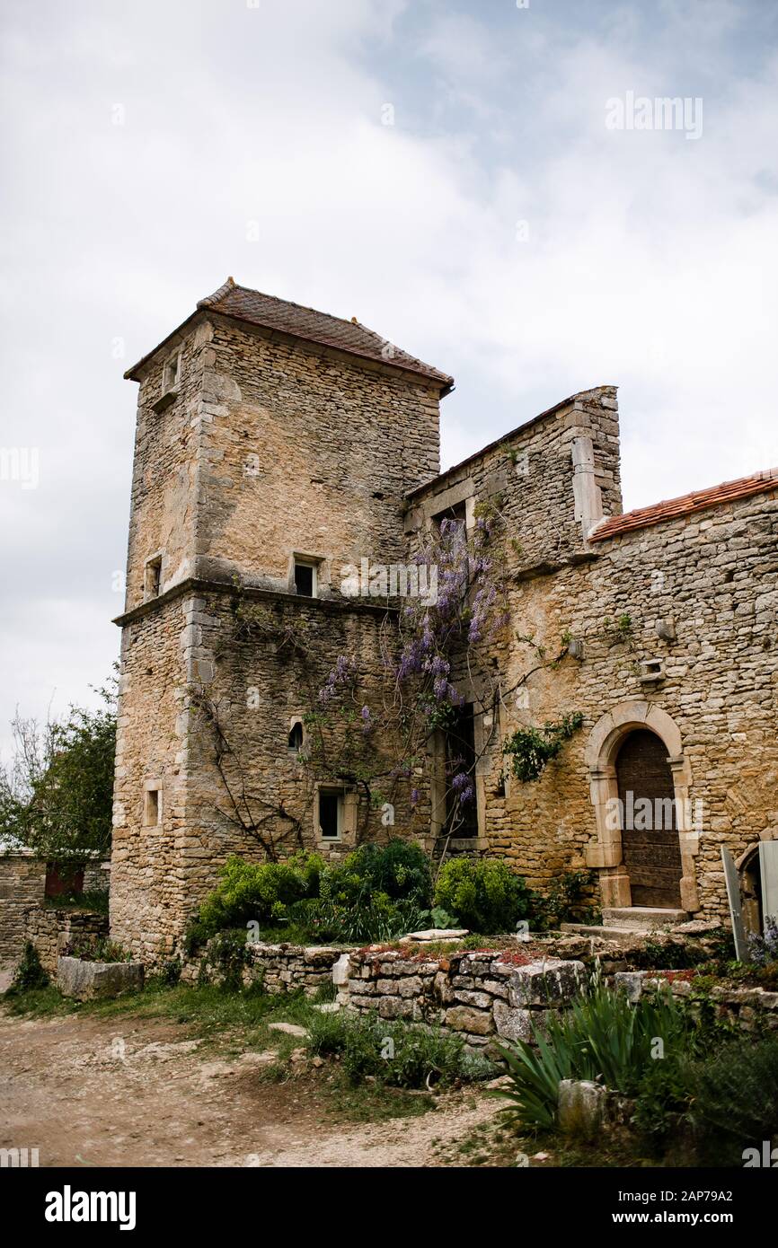 Edificio in pietra con Wisteria nella campagna francese Foto Stock
