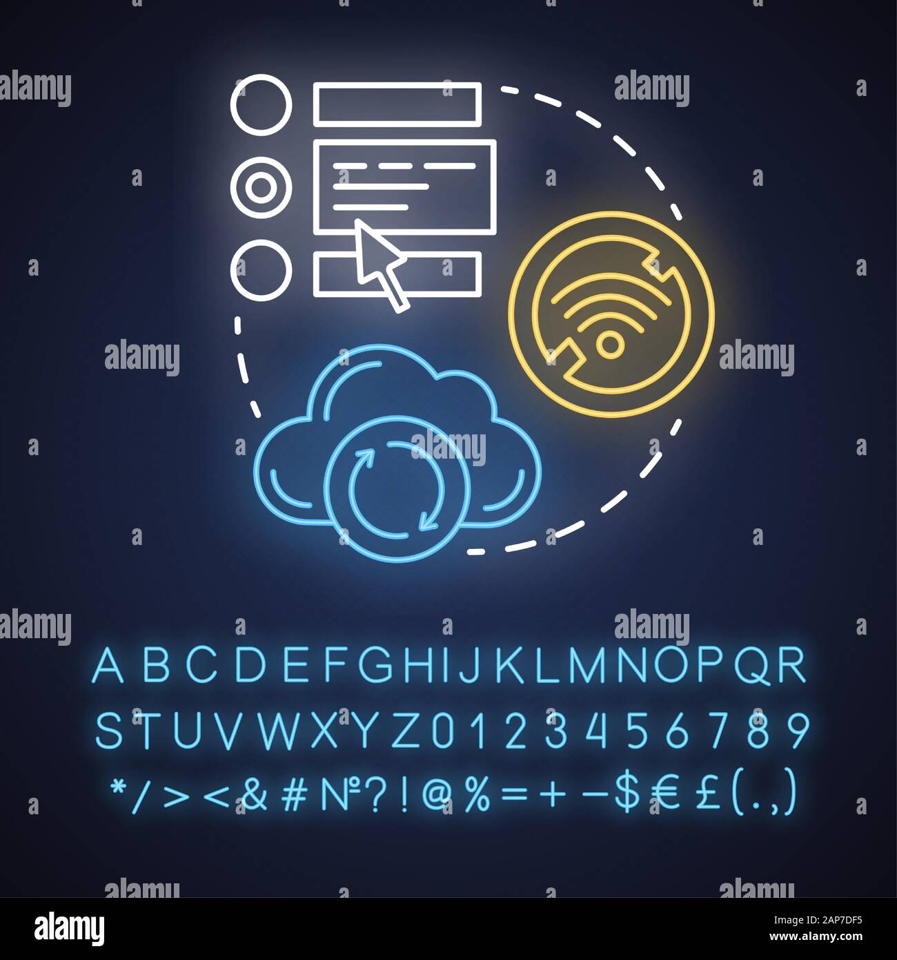 Lavorare off-line luce al neon concetto icona. Sviluppo Software idea. Sincronizzazione non riuscita. Connessione wifi errore. Segno incandescente con alfabeto, numero Illustrazione Vettoriale