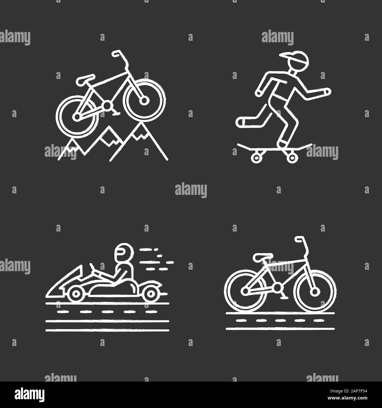 Gli sport estremi chalk set di icone. Il ciclismo di montagna. Cross-country, downhill mountain bike. Lo skateboard. Karting, aprire ruote motorsport. Escursioni in bicicletta, noleggio raci Illustrazione Vettoriale