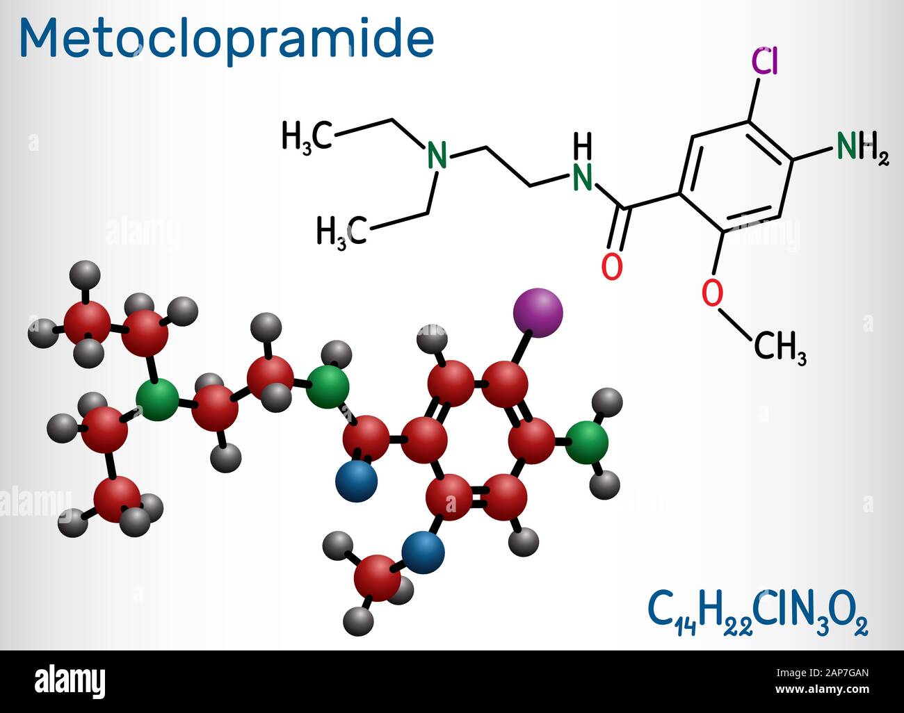 Metoclopramide, dopamina molecola antagonista. È usato per trattare la nausea, vomito, per aiutare con la malattia da reflusso gastroesofageo. Chemica strutturali Illustrazione Vettoriale