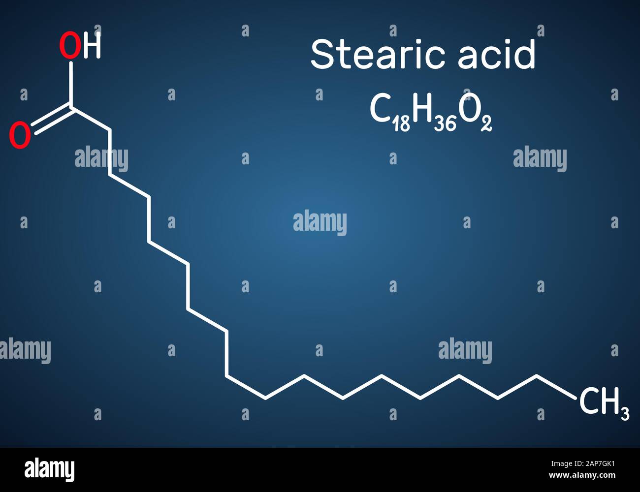 Acido stearico, ottadecanoico, saturo molecola di acido grasso. Formula chimica di struttura su sfondo blu scuro. Illustrazione Vettoriale Illustrazione Vettoriale