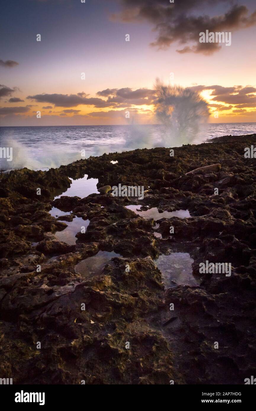 Onde che si infrangono nelle rocce del litorale, Blwhole, Grand Cayman Foto Stock