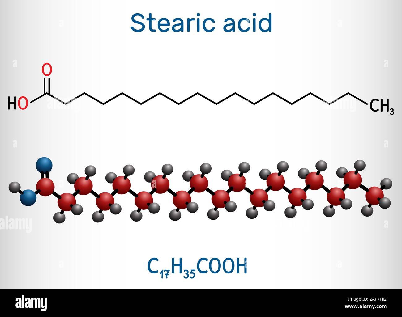 Acido stearico, ottadecanoico, saturo molecola di acido grasso. Formula chimica di struttura e la molecola modello. Illustrazione Vettoriale Illustrazione Vettoriale