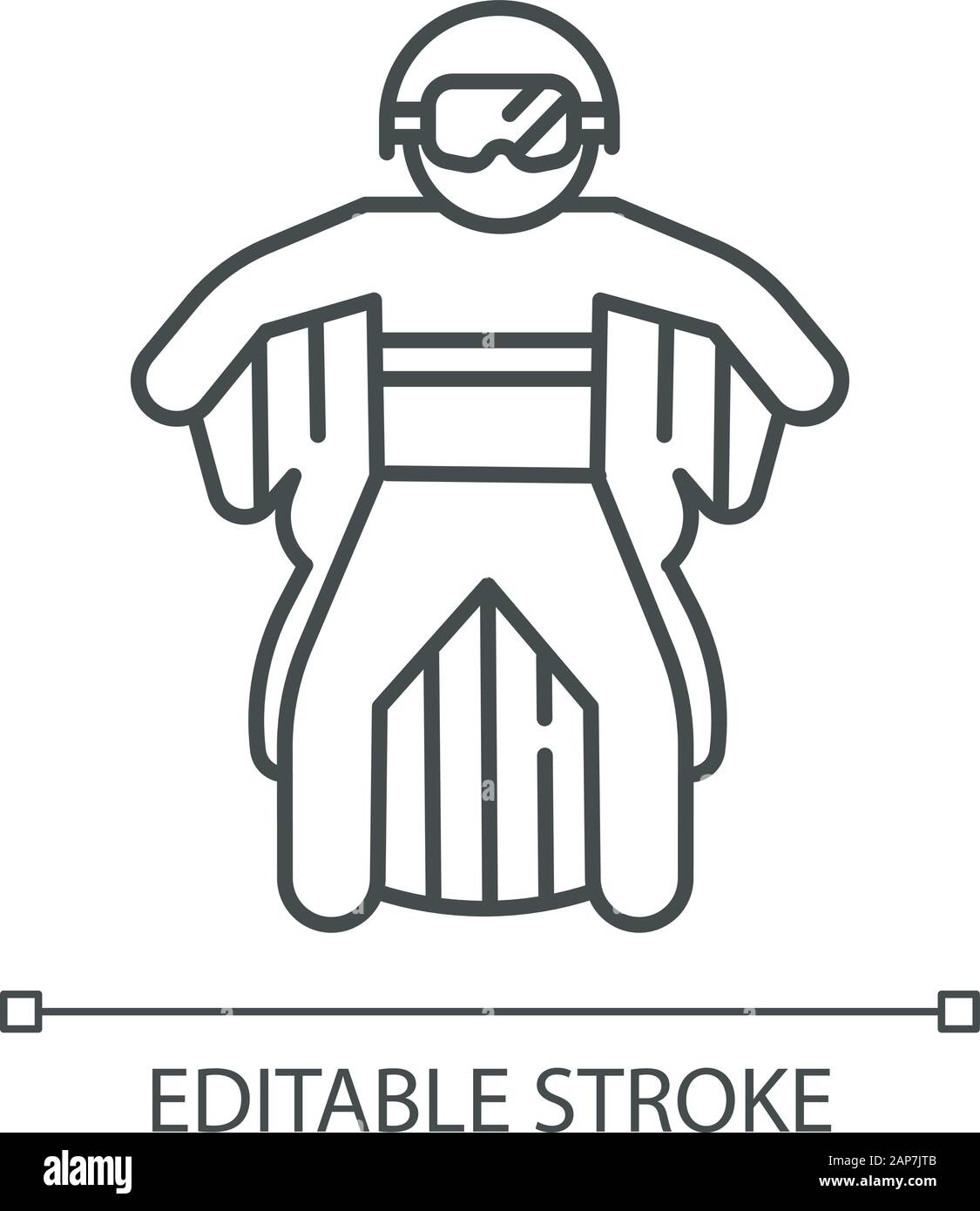 Wingsuit flying icona lineare. Paracadutista jumping con tuta alare. Skydiving. Air Extreme sport. Parachutist battenti. Linea sottile illustrazione. Simbolo di contorno Illustrazione Vettoriale