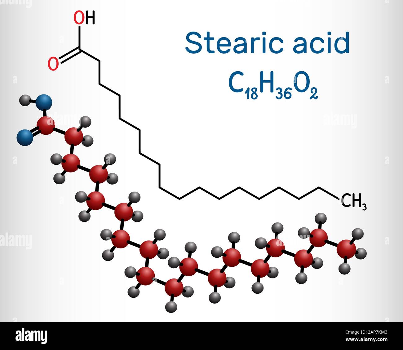 Acido stearico, ottadecanoico, saturo molecola di acido grasso. Formula chimica di struttura e la molecola modello. Illustrazione Vettoriale Illustrazione Vettoriale