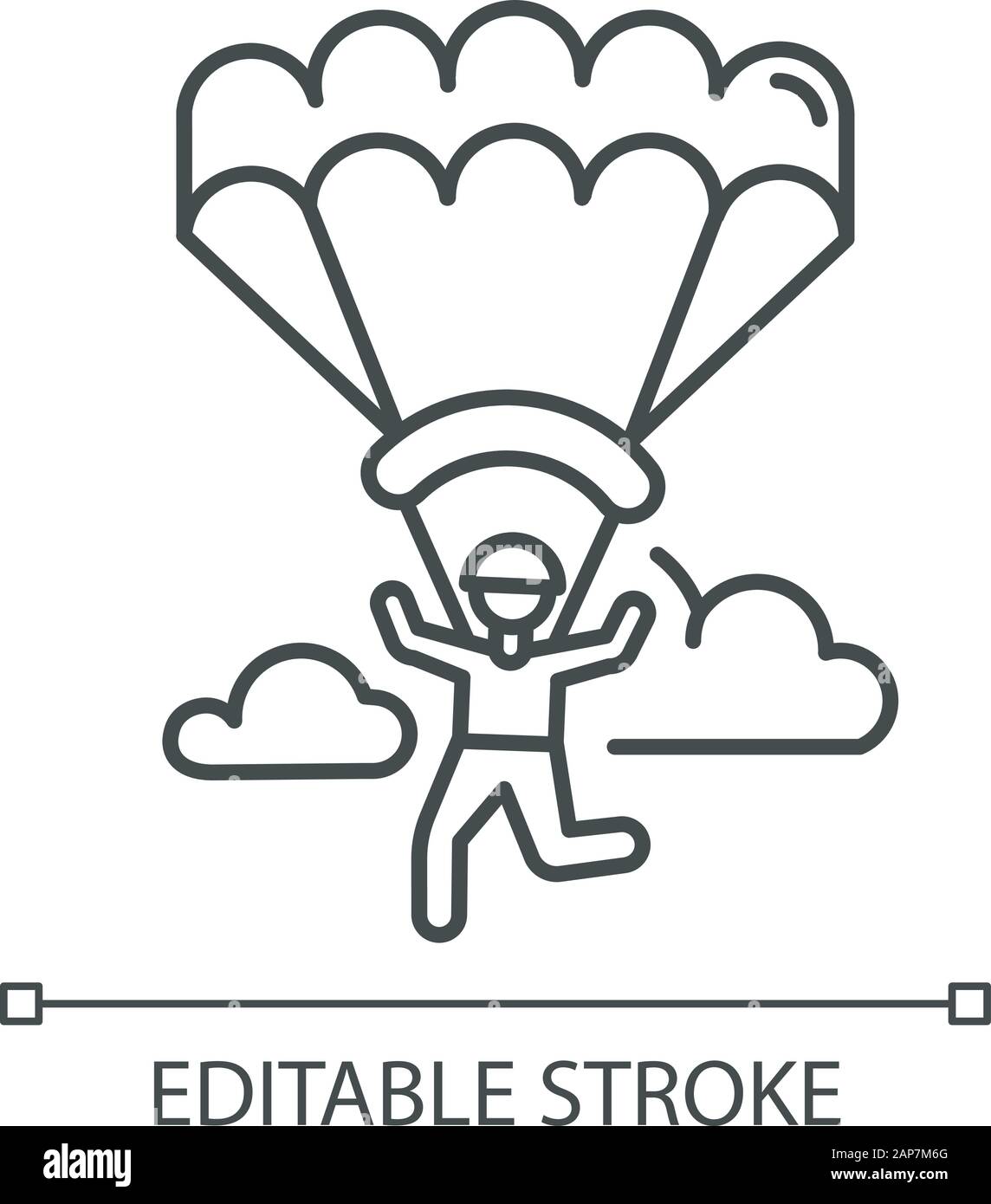Parapendio icona lineare. Paracadutismo , paratrooping attività. Paracadutismo, parapendio di ricreazione. Voli in cielo e salta con il paracadute. Simbolo di contorno Illustrazione Vettoriale