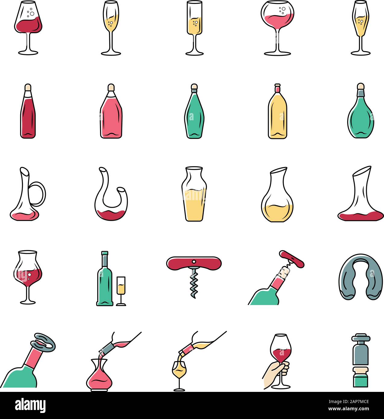 Vino e wineglasses set di icone. Diversi tipi di vetreria e bevande alcoliche. Decantatori, bottiglie, barman strumenti. Aperitivi, cocktail. Isol. Illustrazione Vettoriale