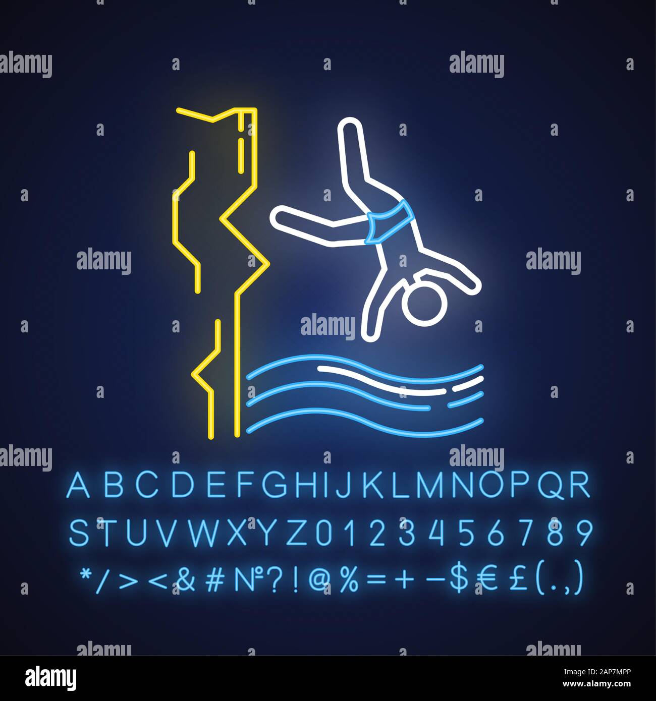 Cliff diving luce al neon icona. Sport acquatici, estrema tipo di sport. Attività ricreative Attività all'aperto sulla grande altezza. Segno incandescente con alfabeto, numeri e Illustrazione Vettoriale