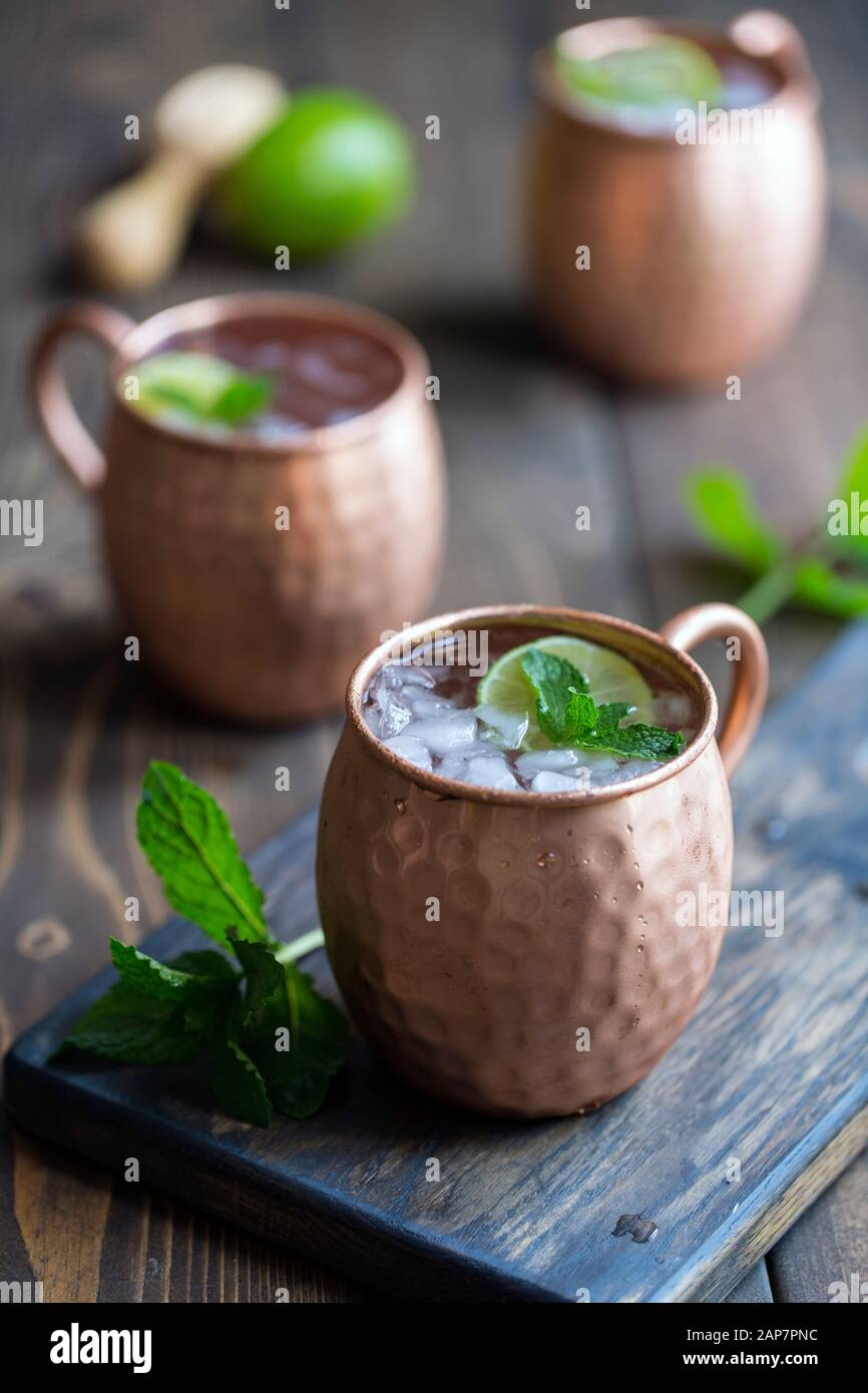 La ricetta del mulo di Mosca in una tazza di rame, guarnita con calce e menta. Foto Stock