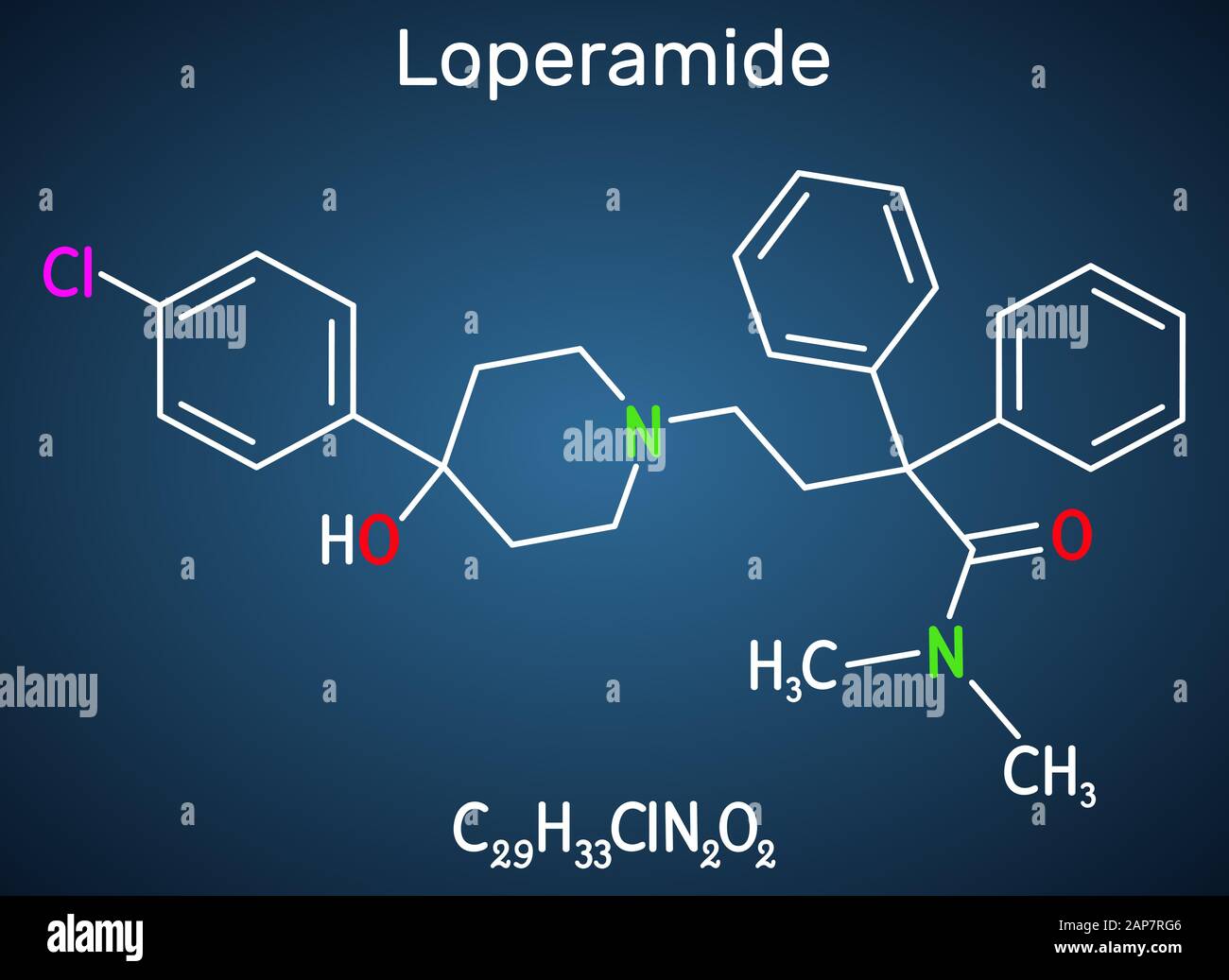 Loperamide, molecola antidiarroica sintetica ad azione prolungata. Formula chimica strutturale sullo sfondo blu scuro. Illustrazione del vettore Illustrazione Vettoriale