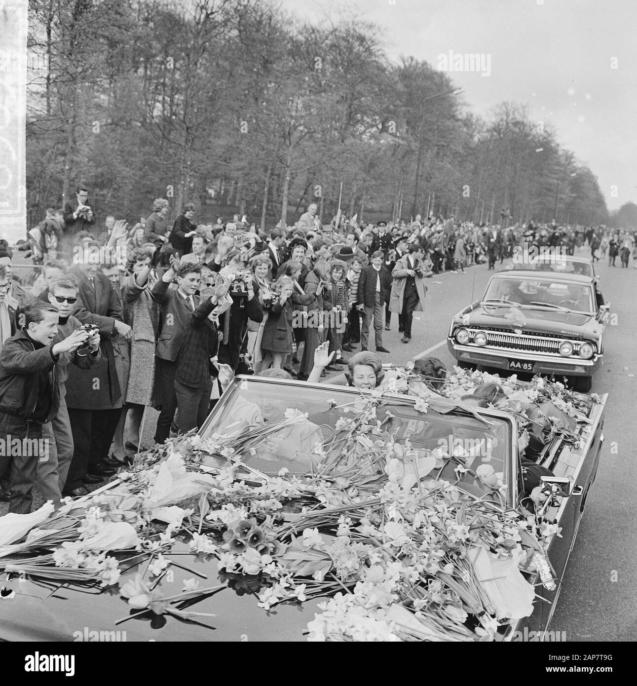 Defile Soestdijk, Regina Juliana, Principe Bernhard otto in auto Principessa Beatrix, Margriet e Christina, mentre guida a Paleistuin Data: 30 aprile 1964 posizione: Soestdijk, Utrecht Parole Chiave : Autos, Defiles, corse in auto, regine Nome personale: Beatrix, principessa, Bernhard, principe, Christina, principessa, Juliana (regina dei Paesi Bassi), Maret principessa Foto Stock