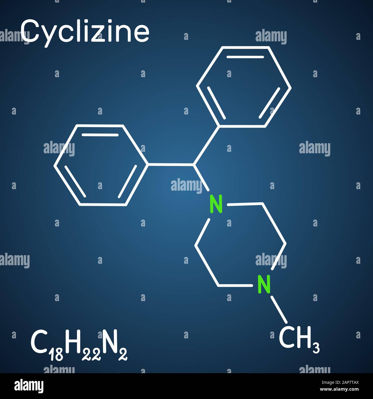 Molecola di Cyclizine. È un antagonista di H1 dell'istamina, è usato per trattare o prevenire la malattia di movimento e la nausea. Formula chimica strutturale su blu scuro Illustrazione Vettoriale