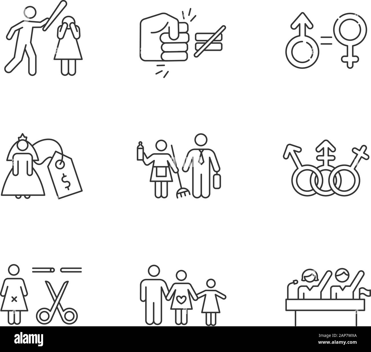 Set di icone lineari per l'uguaglianza di genere. Violanza contro la donna. Stereotipi di genere. Sterilizzazione forzata. Diritti politici. Simboli di contorno a linea sottile. Isolare Illustrazione Vettoriale