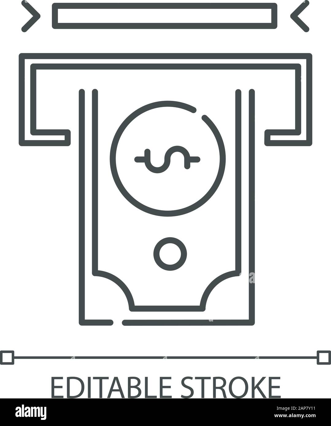 Icona lineare del settore dei servizi finanziari. Banche. Prelievo in contanti. Gestione del denaro. Amministrazione dei fondi. Illustrazione a linee sottili. Simbolo del contorno. Illustrazione Vettoriale