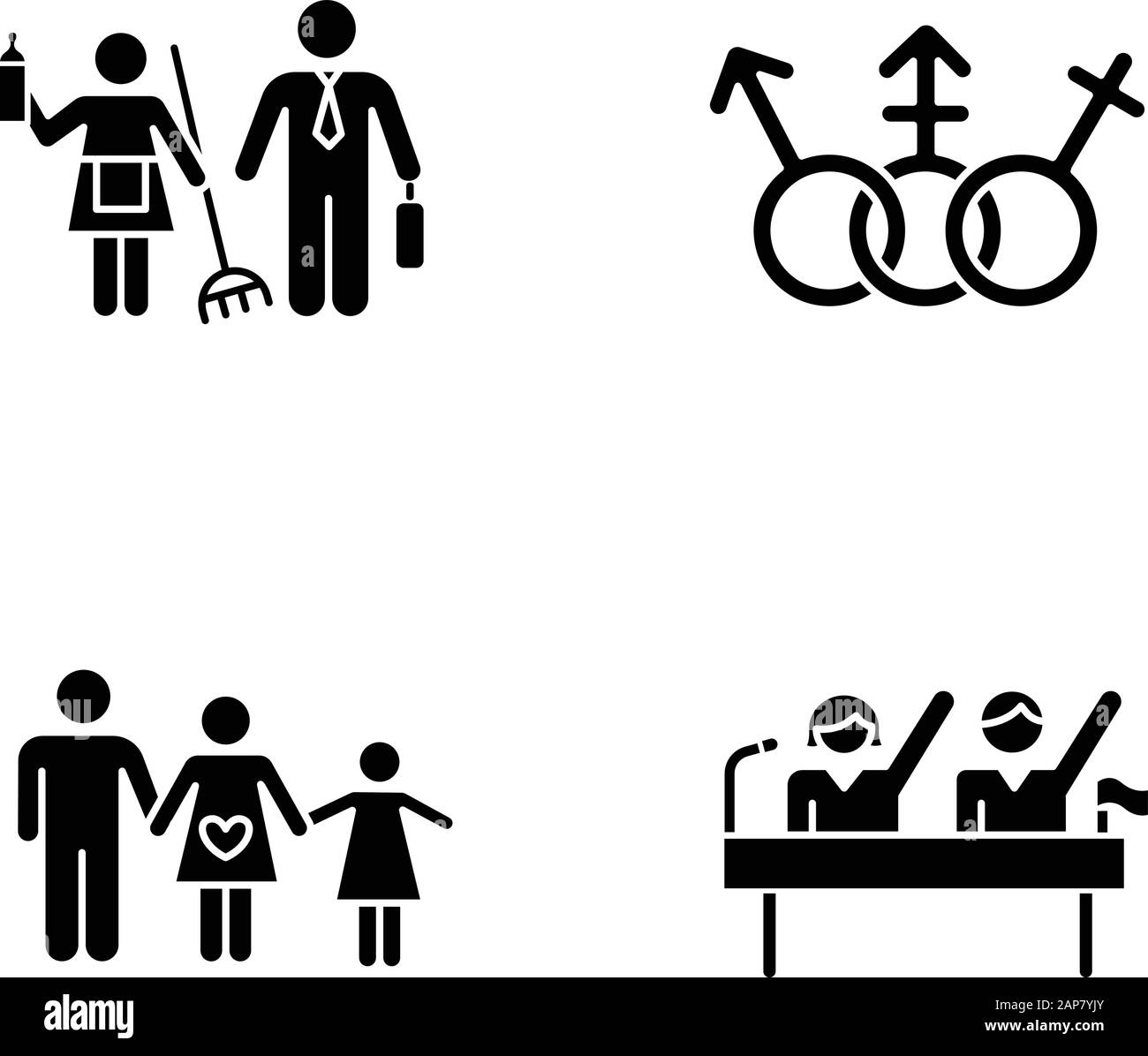 Icone glifo di uguaglianza di genere impostate. Diritti politici. Persone transgender, comunità LGBTQ. Femmina, maschio, segno trans. Stereotipi di genere. Pianificazione familiare. S Illustrazione Vettoriale