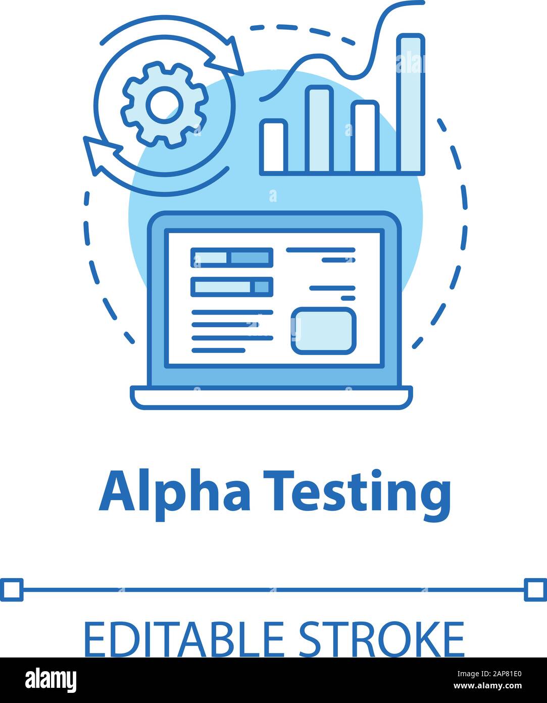 Icona del concetto di turchese per test alfa. Illustrazione della linea sottile della fase di sviluppo del software. Verifica delle prestazioni dell'app. Gestione dei progetti IT. Vecto Illustrazione Vettoriale