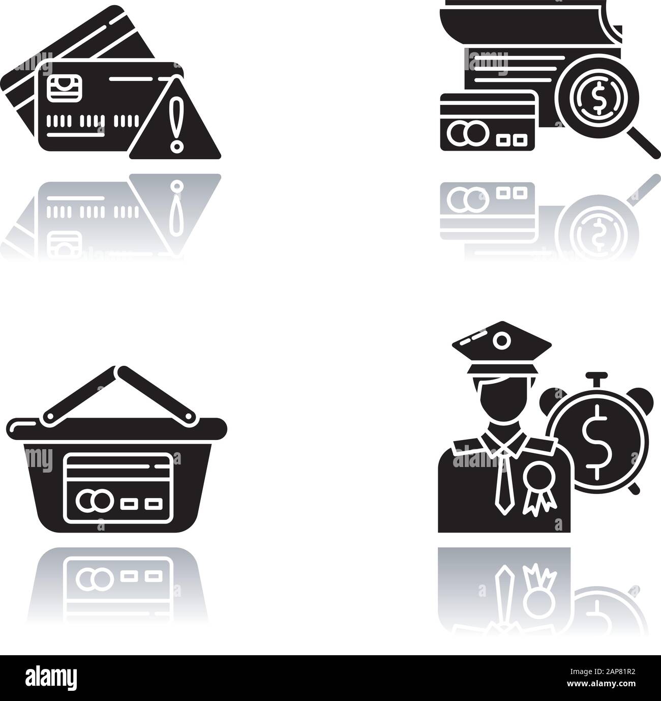 Set di icone glyph nero ombra di goccia di credito. Retail, consumismo. Prestiti per veterani, militari. Rischio di assunzione di denaro con tasso percentuale. Supermarke Illustrazione Vettoriale