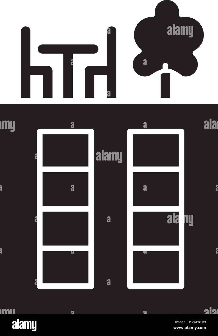 Icona glifo sul tetto. Terrazza panoramica. Lussuoso balcone attico. Spazio giardino sul tetto. Zona lounge Sky Park. Area esterna. Simbolo di silhouette. Illustrazione Vettoriale