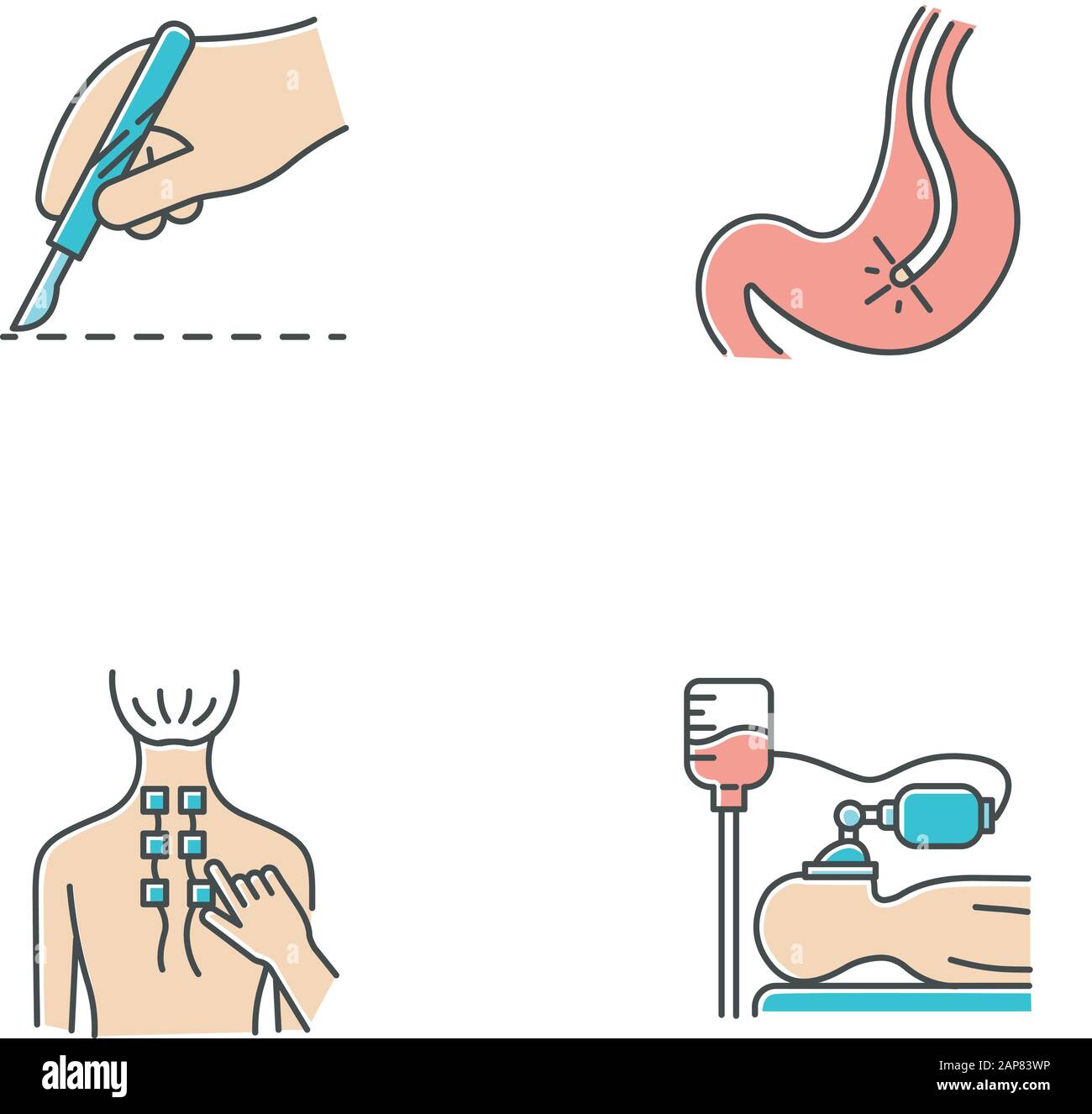 Set di icone a colori per procedure mediche. Chirurgia. Endoscopia e gastroscopia. Tubo digerente, controllo dello stomaco. Fisioterapia. Sollievo dal dolore alla schiena. Anestesia. C Illustrazione Vettoriale