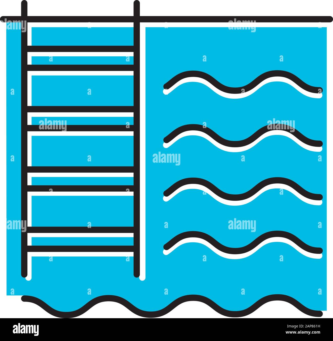 Icona di colore blu della piscina. Acqua e scala. Bagno. Aquapark. Impianti di Auatic. Servizi dell'appartamento. Lounge, zona sportiva per lo svago attivo. Iso Illustrazione Vettoriale