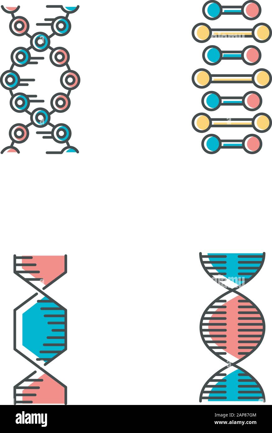 Set di icone a colori per catene a spirale DNA. Elica di acido nucleico deossiribonucleico. Trefoli spiralanti. Cromosoma. Biologia molecolare. Codice genetico. Genoma. Genet Illustrazione Vettoriale