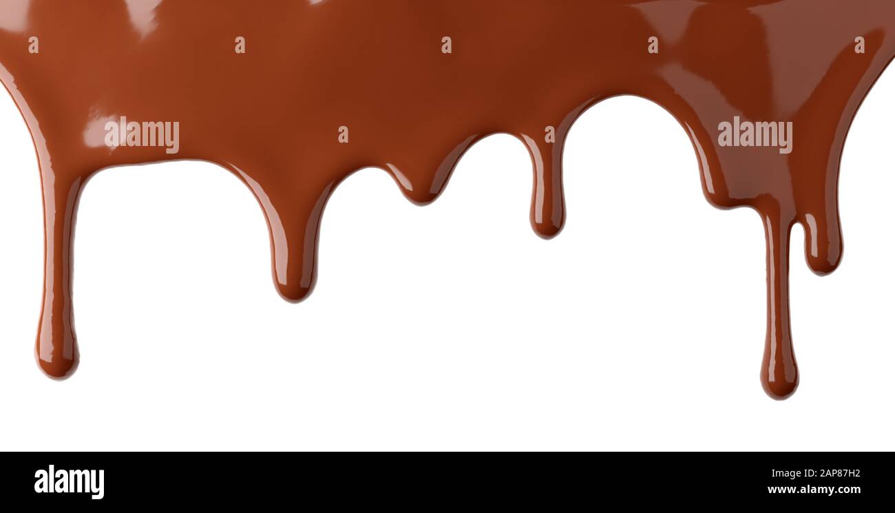 Cioccolata calda o bevanda di cacao che scorre lentamente dal bordo superiore isolato su sfondo bianco - illustrazione 3D Foto Stock