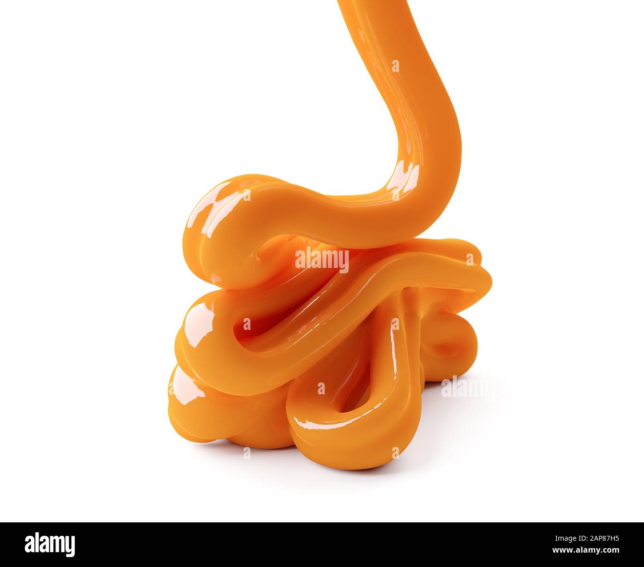Salsa al caramello versata lentamente su sfondo bianco - illustrazione 3D Foto Stock