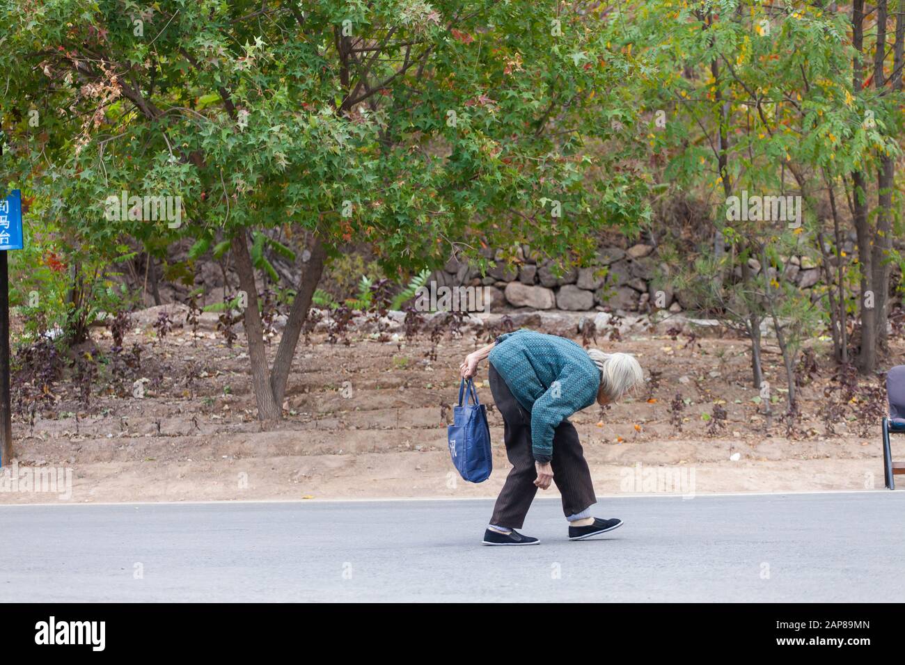 Una vecchia signora in eccessiva posizione di camminata di hunchback, la vita continua malgrado la difficoltà. Foto Stock