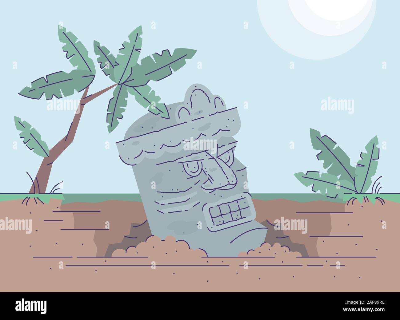 Monumento di antica civiltà perduta piatto vettore illustrazione. Sito archeologico di testa di pietra. Cultura e opere d'arte degli antichi Maya. Prima di Illustrazione Vettoriale