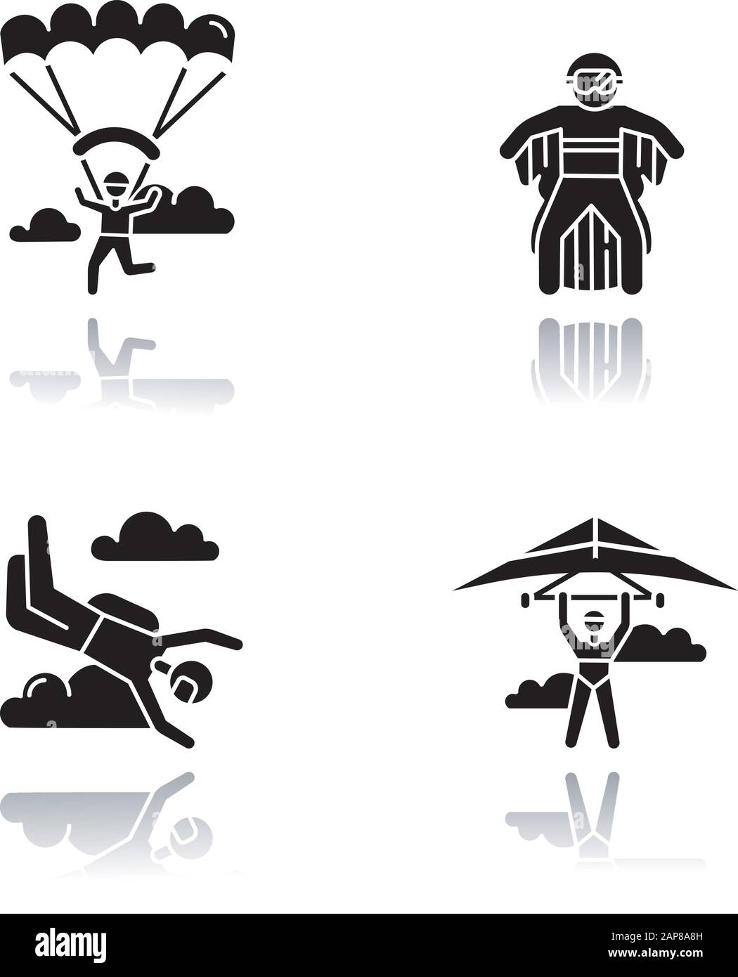 Air Extreme Sports drop ombra nero glyph icone set. Deltaplano, paracadutismo, ala e parapendio. Attività all'aperto. Adrenalina entertainm Illustrazione Vettoriale