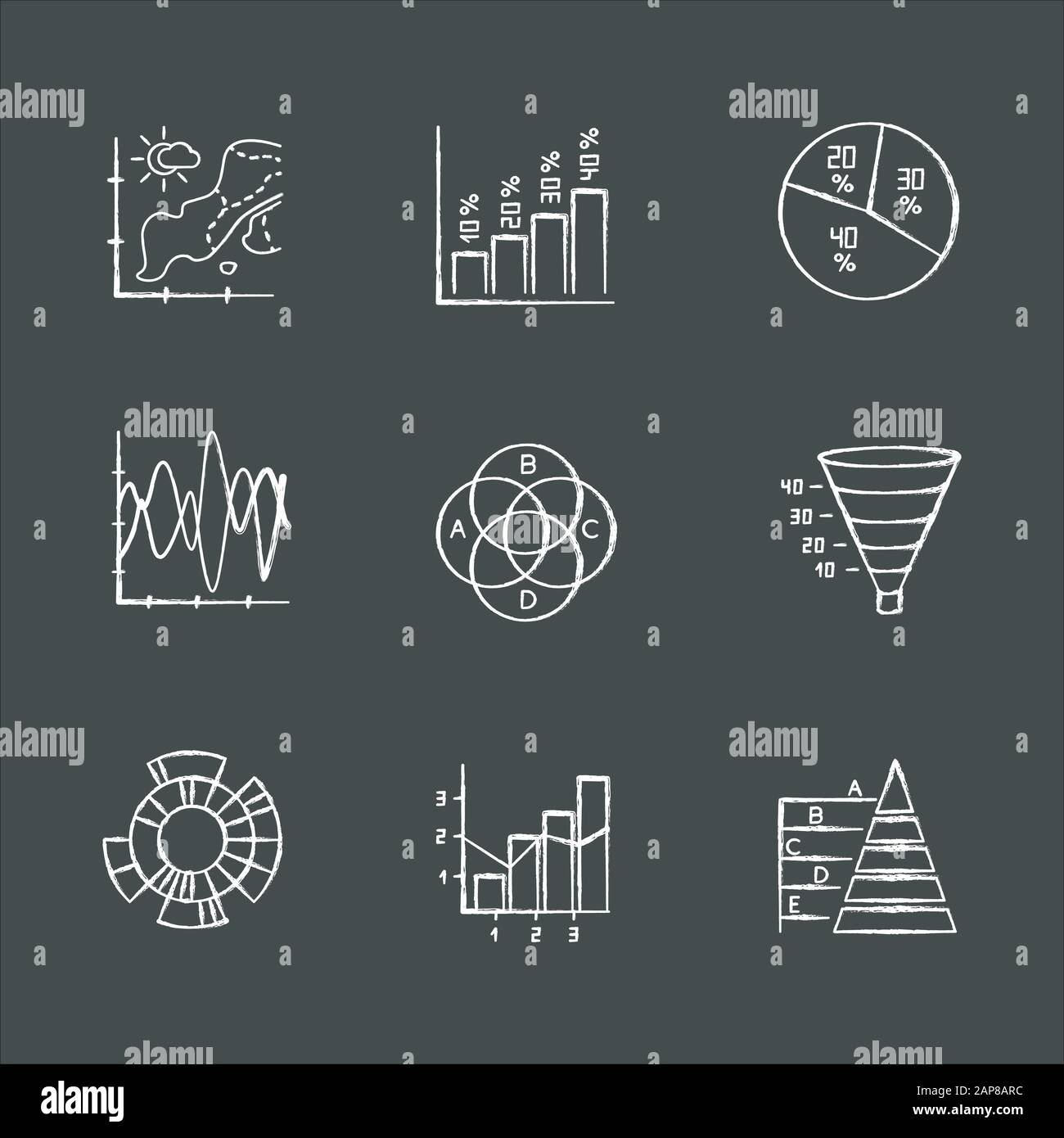 Set di icone gesso grafico e grafico. Mappa della temperatura. Istogramma verticale. Diagramma a torta. Grafico imbuto. Diagramma Venn. Grafico Sunburst. Piramide a grafico misto. È Illustrazione Vettoriale