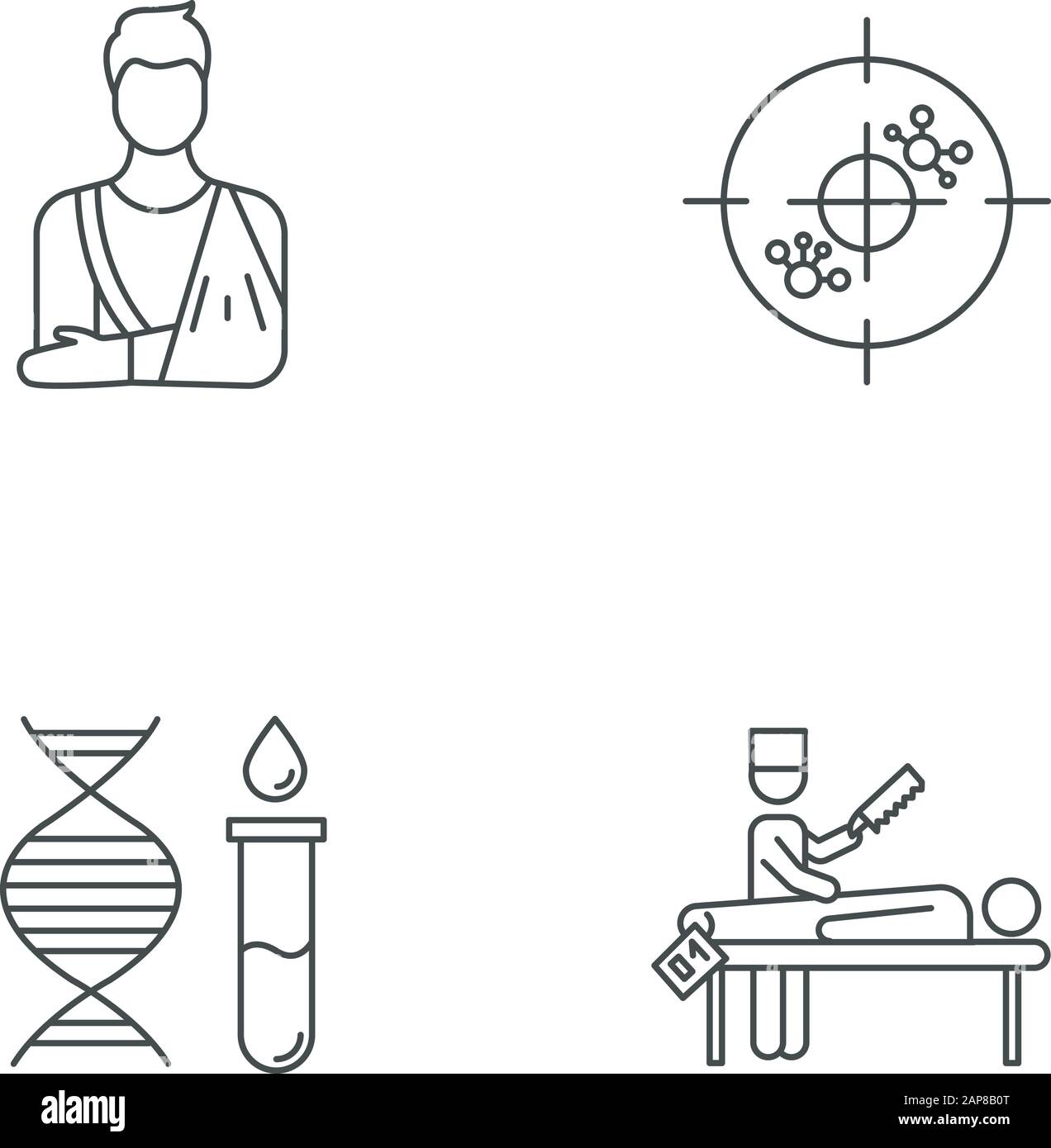 Set di icone lineari per procedure mediche. Cast ortopedico. Immunoterapia. Test genetico. DNA, molecole. Diagnosi di autopsia. Simboli di contorno a linea sottile. Isolat Illustrazione Vettoriale