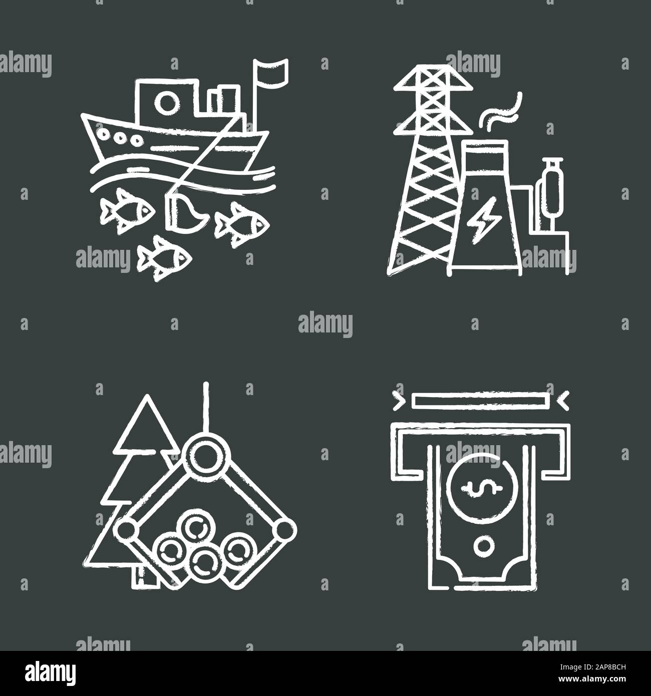 Tipi di settore icone gesso set. Pesca, energia, legname, settori finanziari dell'economia. Sfere di affari. Produzione di beni e servizi. vecto isolato Illustrazione Vettoriale