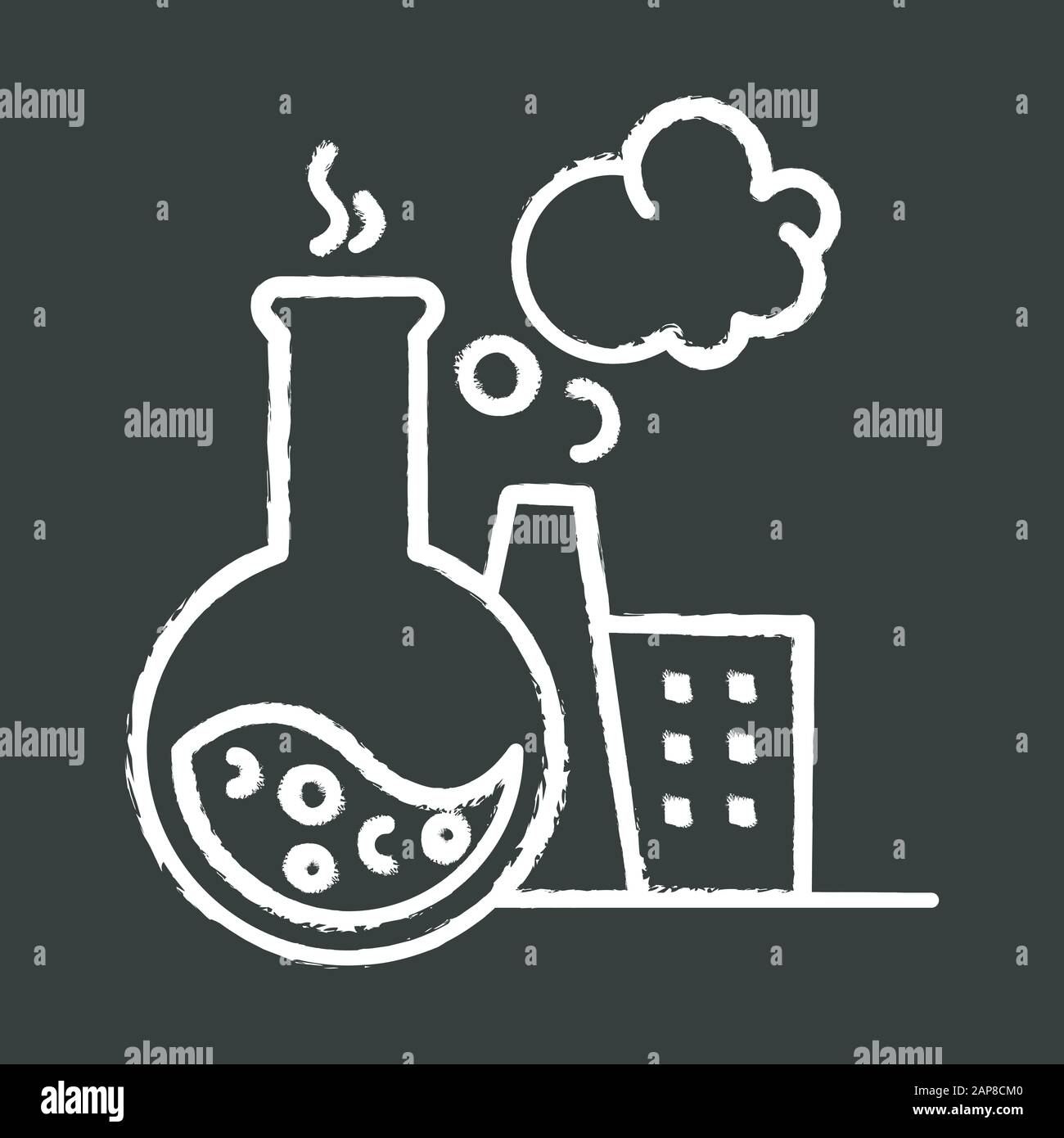 Icona del gesso dell'industria chimica. Materiali sintetici ricerca, produzione. Produzione di prodotti chimici industriali. Fiasca, impianto di fumo. Impianto inquinante. È Illustrazione Vettoriale